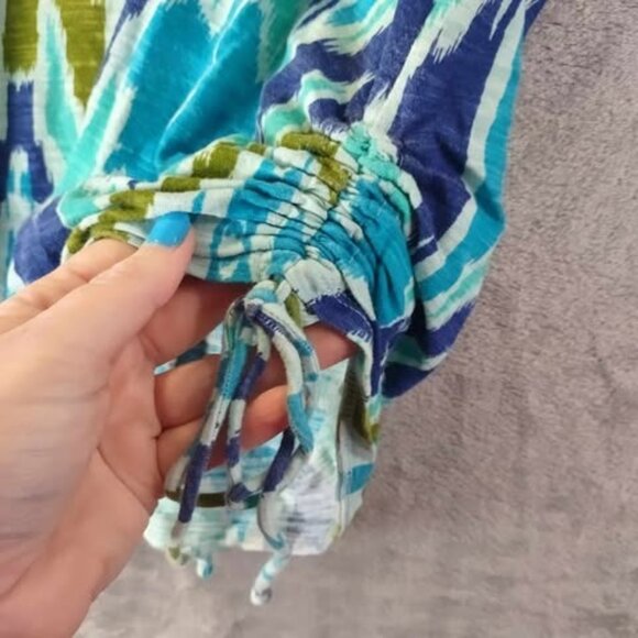 Lane Bryant Ikat Green & Blue Print Cotton Top Drawstring Hem 18/20 100% Cotton - Picture 6 of 10